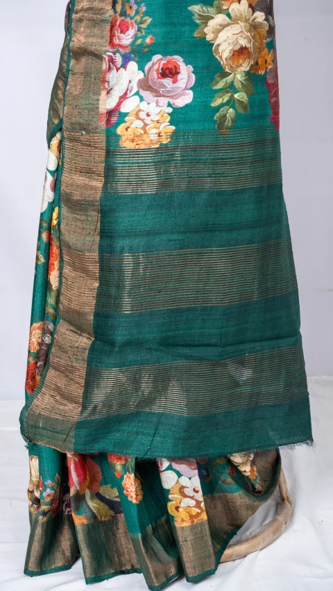 Green Tussar Silk With Multi Colour Floral Digital Print 
