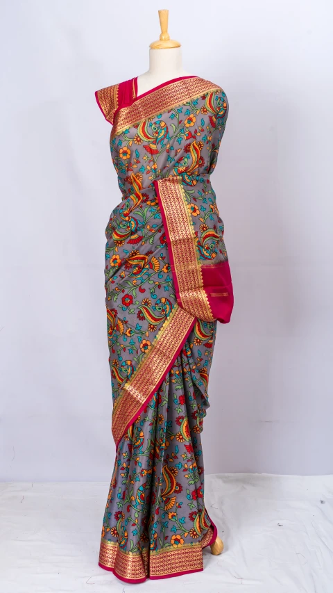 Mysore Crepe silk Grey kalamkari Print