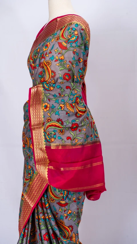 Mysore Crepe silk Grey kalamkari Print