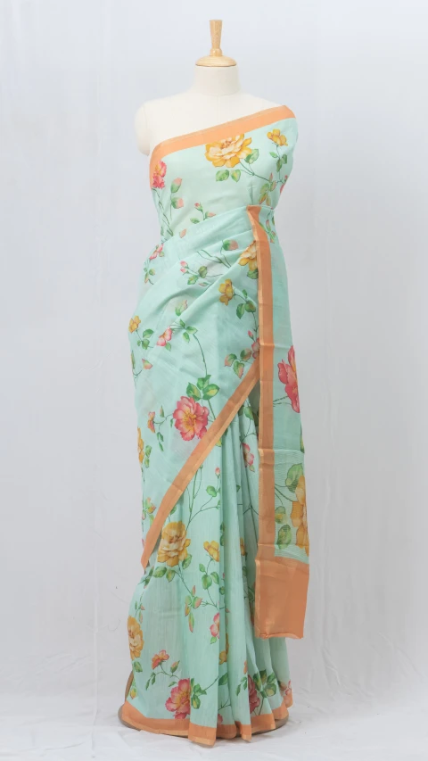 Pastel Blue Munga Silk Saree With Full Body Print