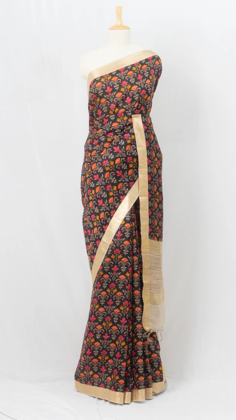  Black And Multi colour Munga Silk Saree With Dot Design Blouse