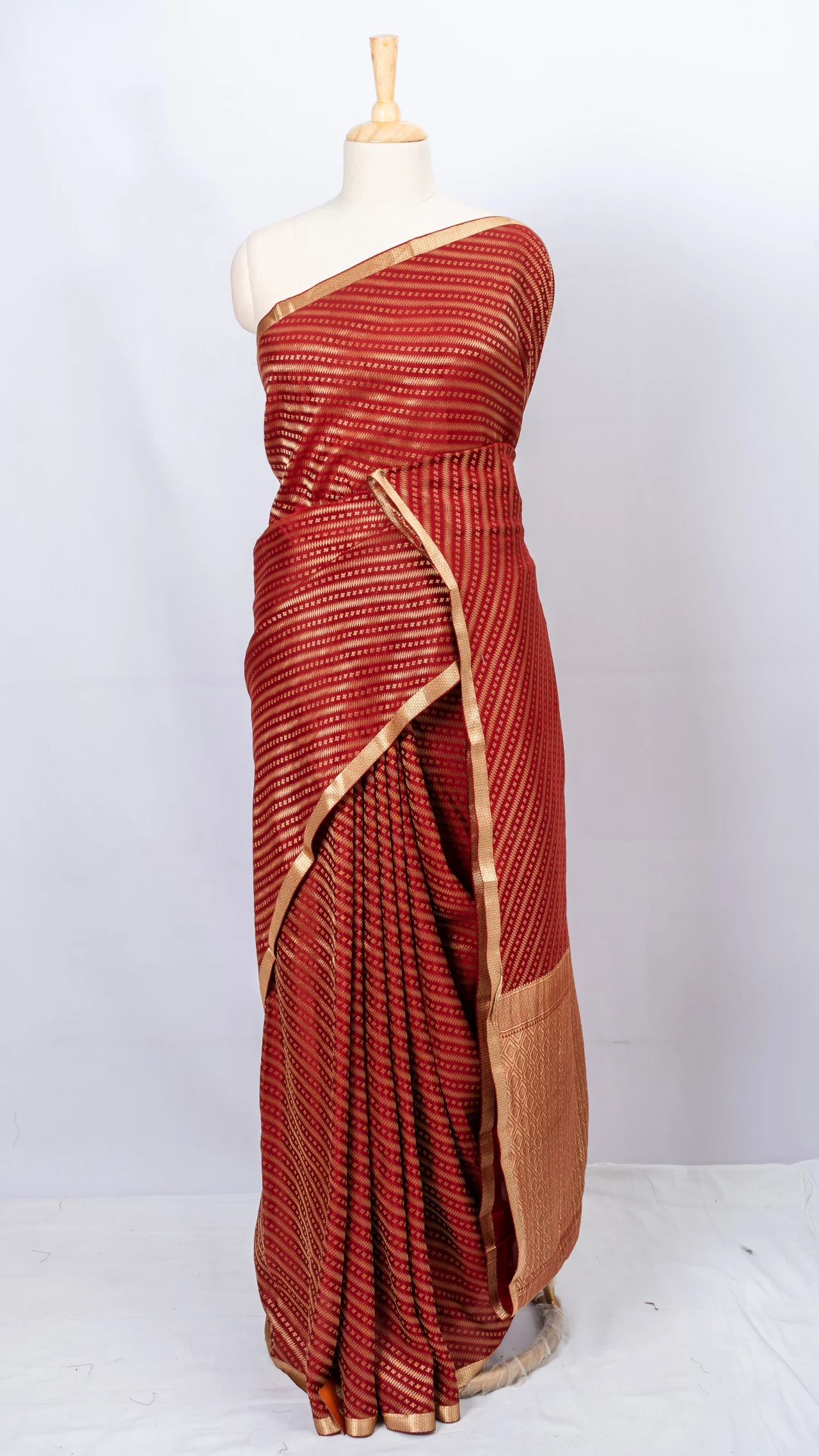 Mysore Crepe Silk Maroon Brocade Stripe Design Saree