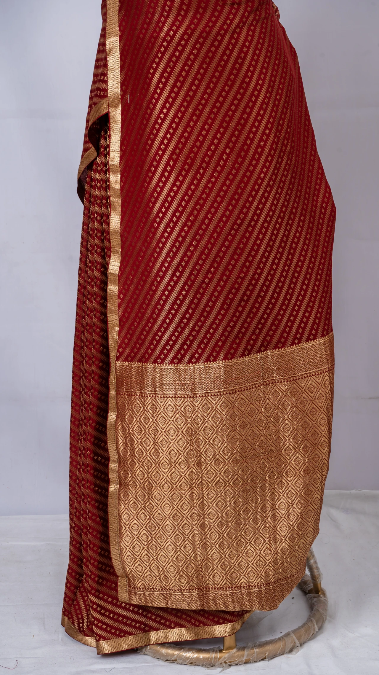 Mysore Crepe Silk Maroon Brocade Stripe Design Saree