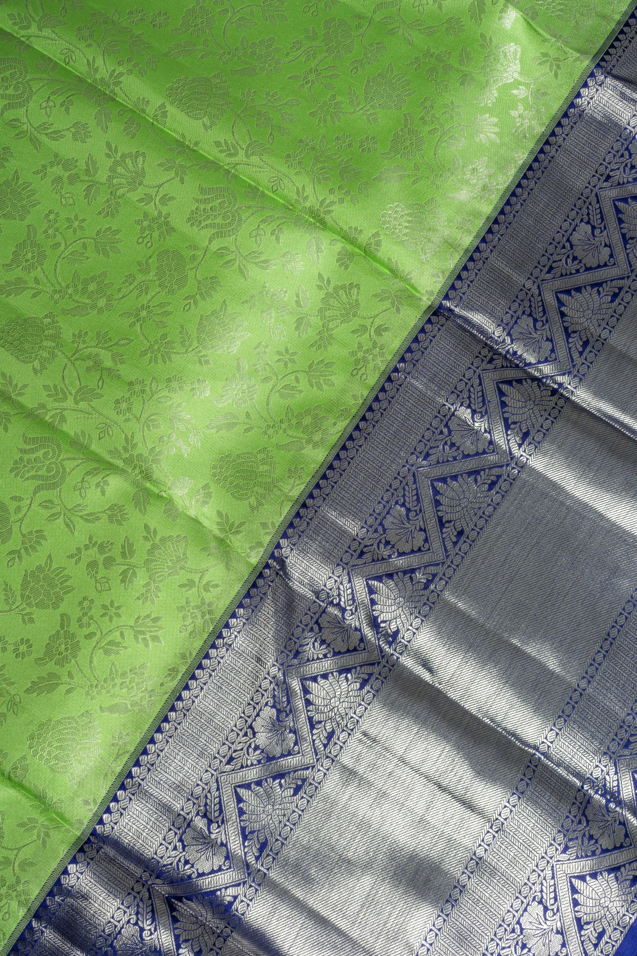 Parrot Green Pure Kanchivaram Silk With Silver Zari Brocade