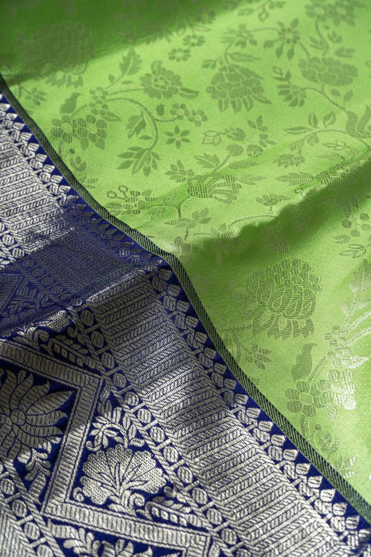 Parrot Green Pure Kanchivaram Silk With Silver Zari Brocade