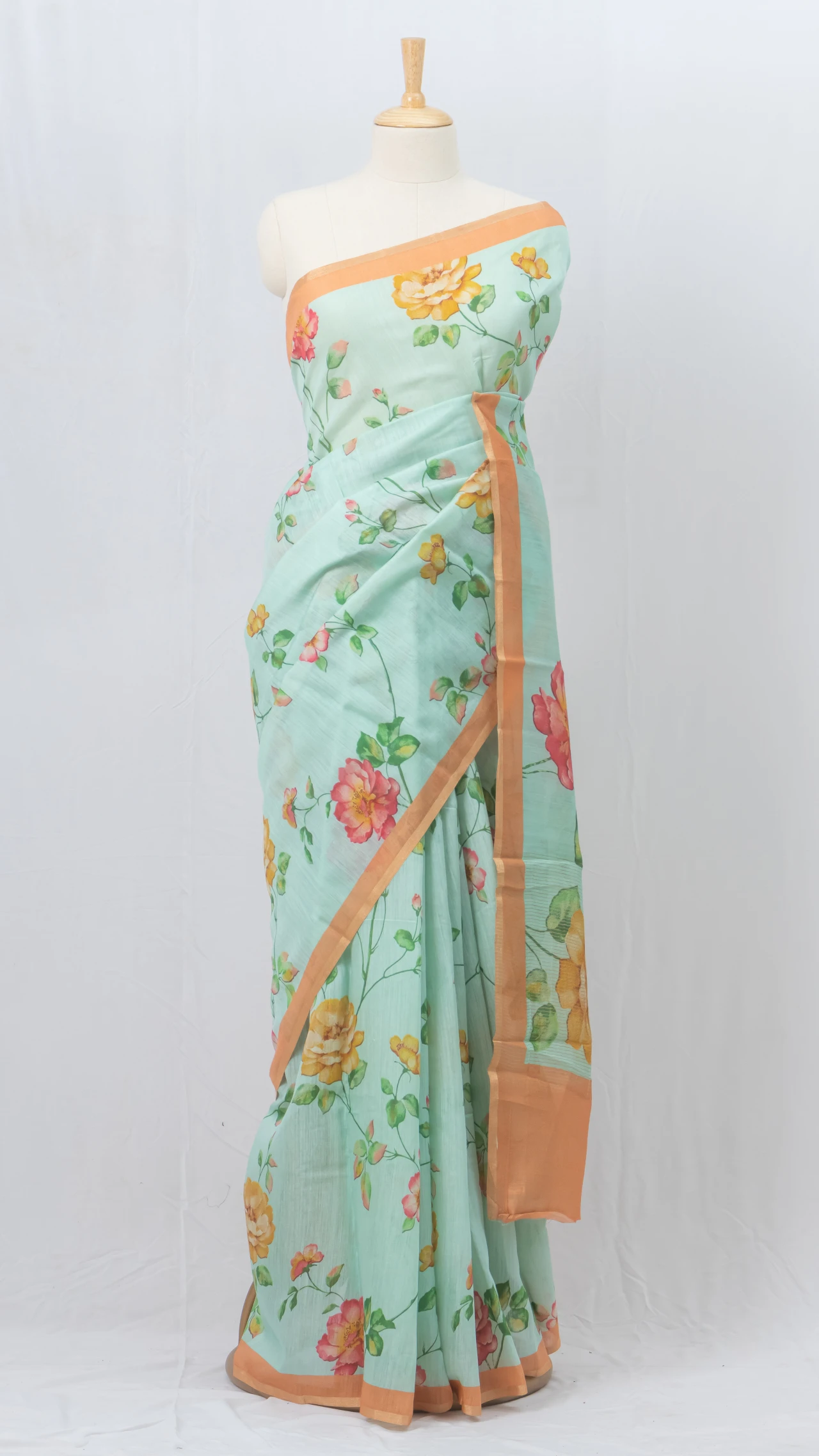 Pastel Blue Munga Silk Saree With Full Body Print