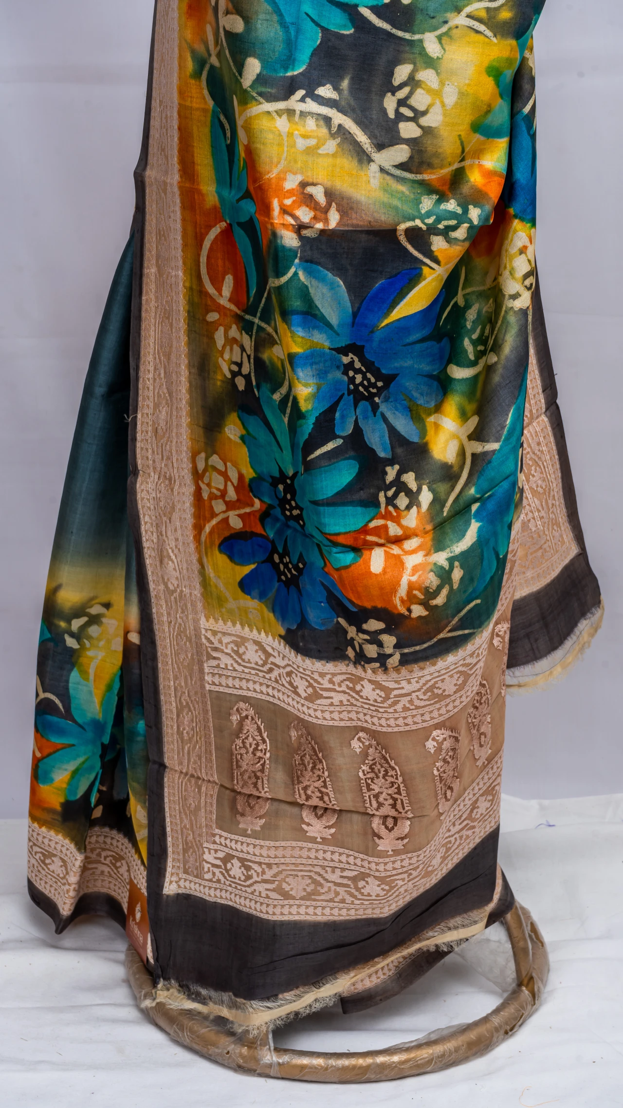 Peacock Blue Tussar Silk With Floral Multi Colour Digital Print