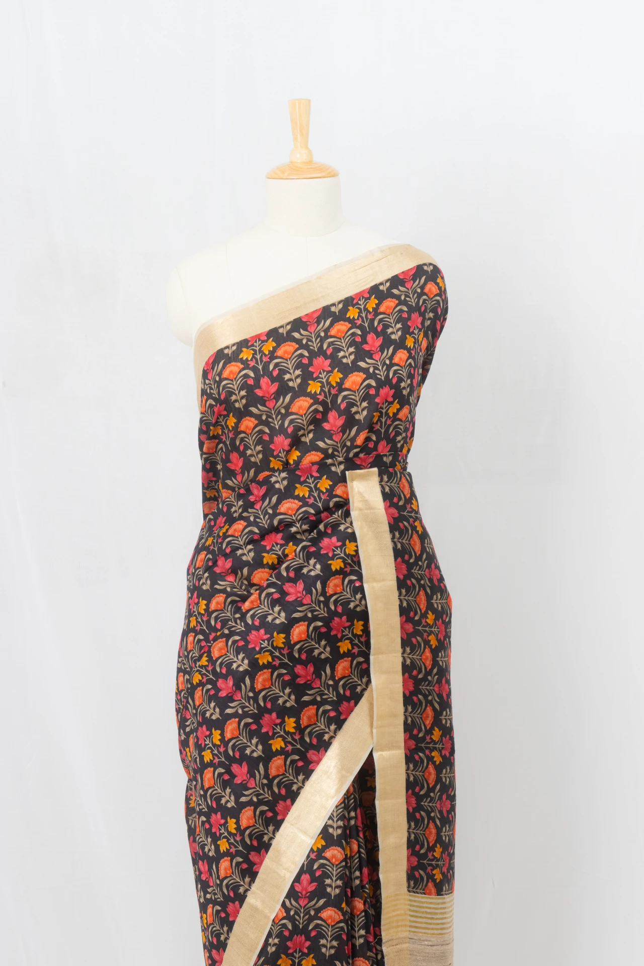 Black And Multi colour Munga Silk Saree With Dot Design Blouse